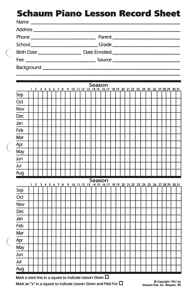 Piano Lesson Record Sheets